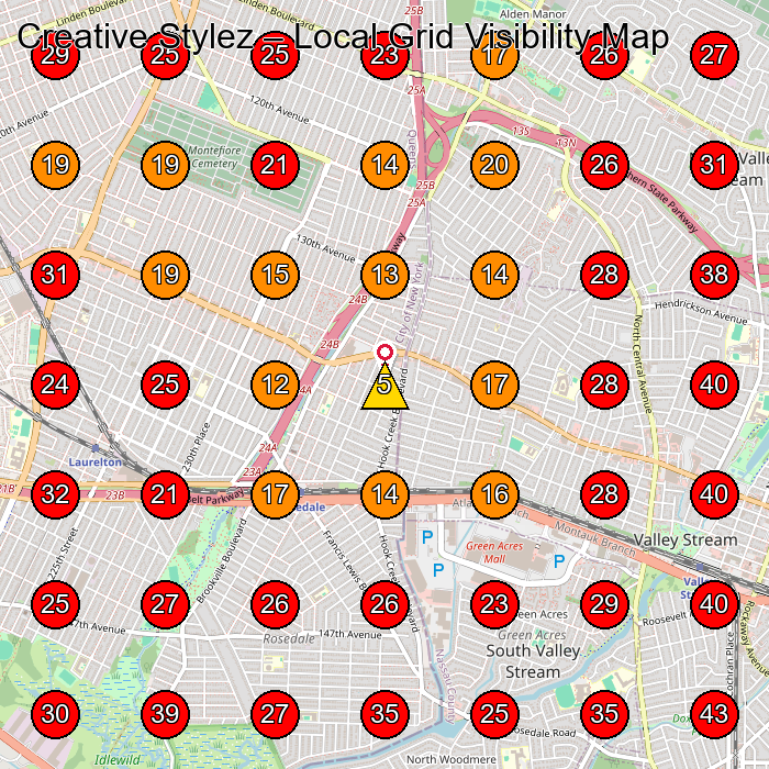 Creative Stylez GeoGrid visibility map for Beauty Salon in Queens